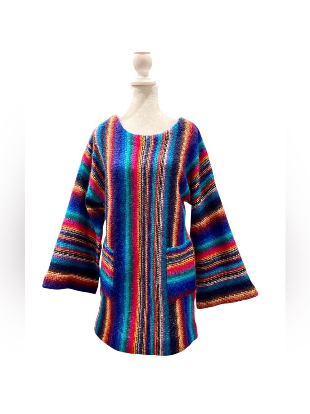 Vintage Rainbow Mohair Bell Sleeve Sweater Tunic Festival Art Knit